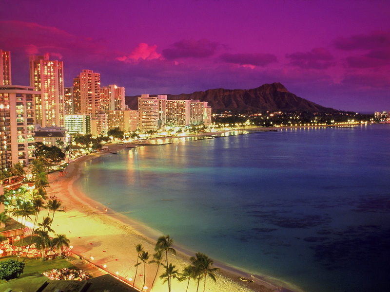 near, waikiki, night, hawaii, buildings, 720P, tower, water, dusk, body