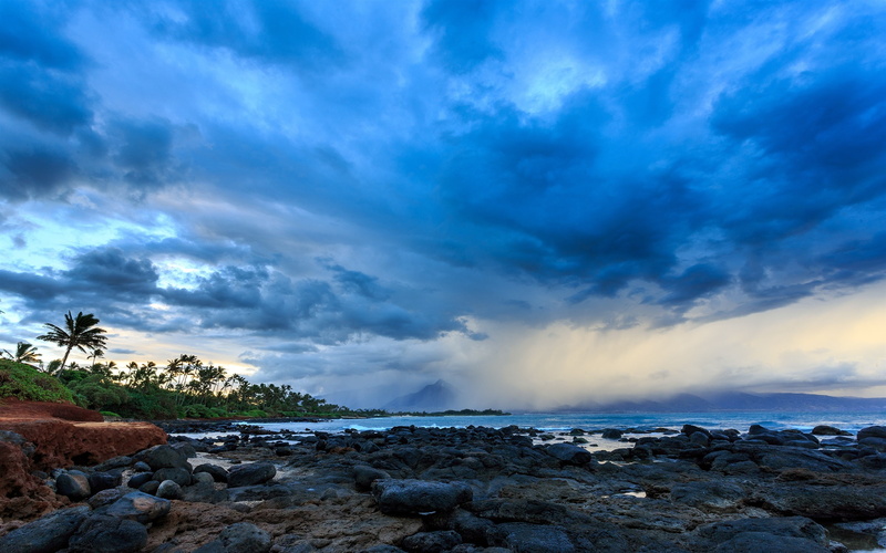Stones, Clouds, Coast, Trees, 2K, Hawaii, Storm, Palm, Dusk