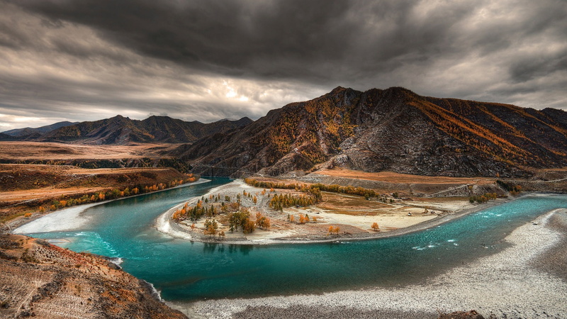 Mountains, River, Altai, Dusk, Trees, Autumn, 1080P