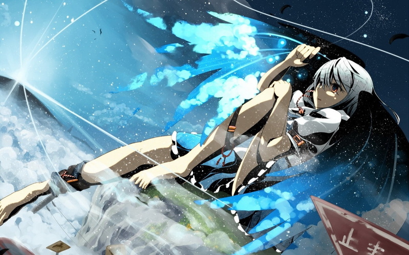 sk, Video Games, games, hair, orange, short, aya, sitting, hd, barefoot, skirts, Touhou, Blue, video, art, stars, shameimaru, space, 720P, wings, eyes