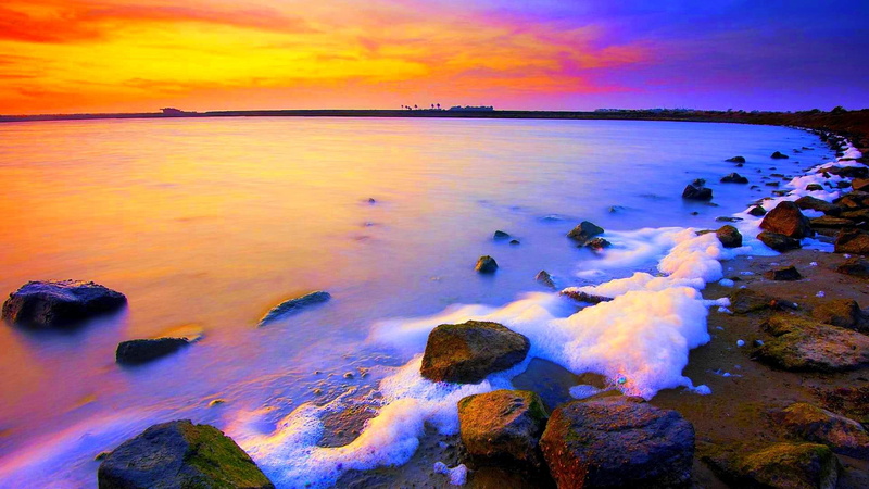 nature and landscapes, waves, water, foamy, foam, ocean, sunset, rocks, 1080P