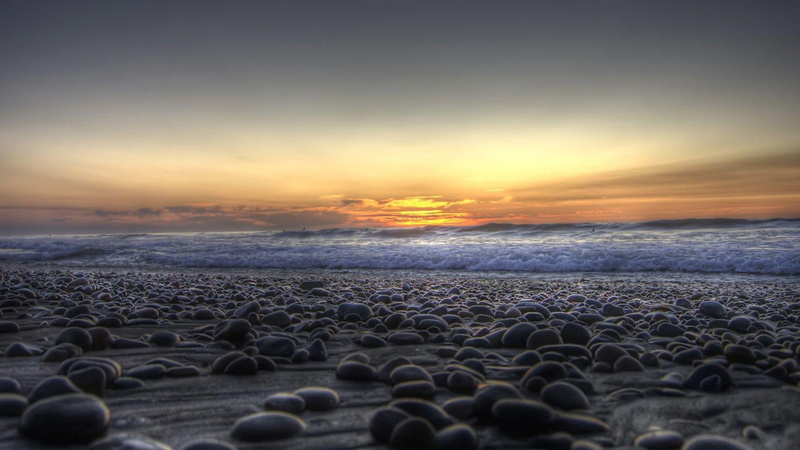 sunset, black, 1920x1080, ocean, wave, cover, rocks, waves, seashore, 1080P, foamy, beaches, beach, rock, pebbles