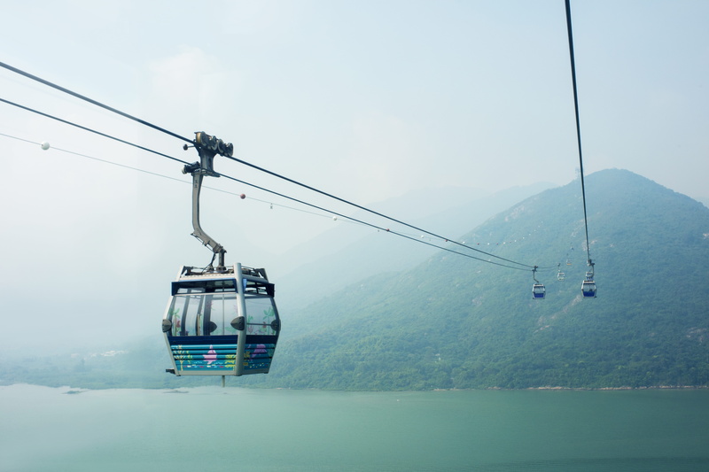 adventure, lines, mountain range, cable, 8K, outdoors, car, cable cars, nature, mode of transportation, lake, vehicles, landscape, foggy, travel, sky