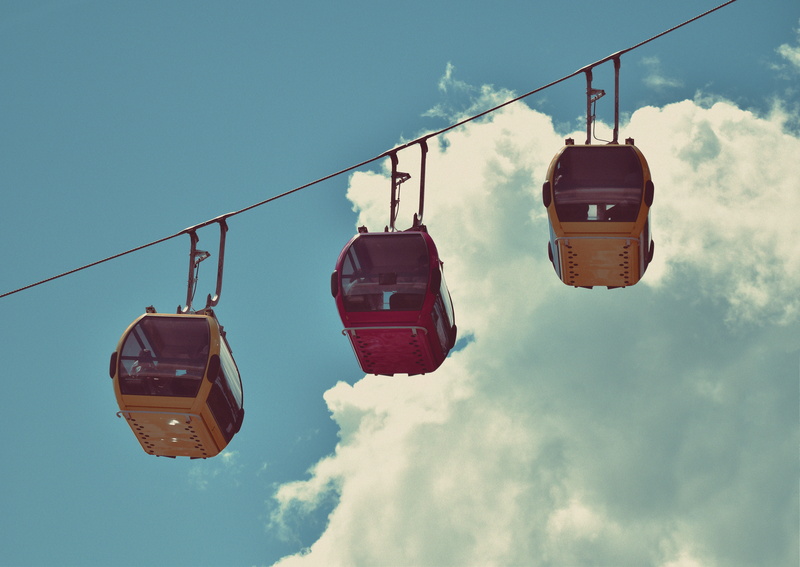 light, cable, hanging, leisure, heaven, low angle shot, journey, overhead cable car, air, recreation, mode of transportation, car, clouds, 5K, vacation