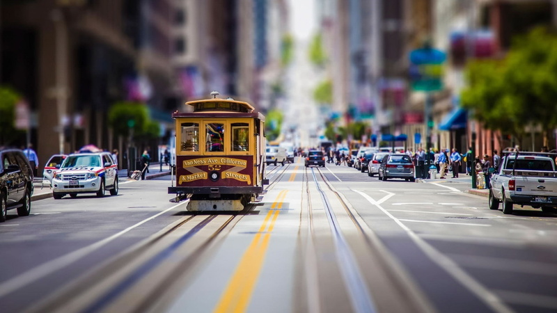 tram, cityscape, road, building, car, 1080P, city, street, San Francisco, tilt shift, blurred