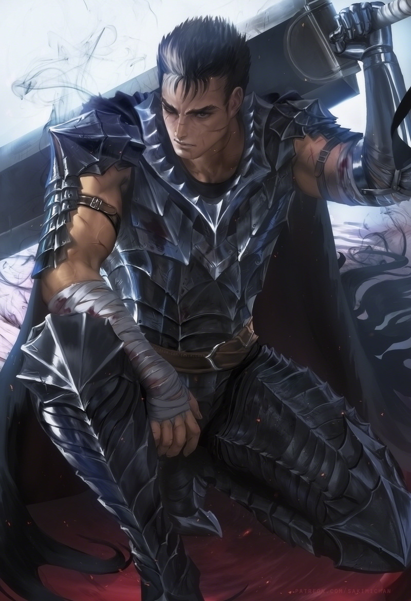 Sakimichan, men, armour, anime, Black Swordsman, Berserk, 4K, artwork, sword, Guts, digital art