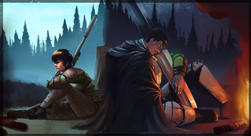 Casca, crossover, Berserk, Fallout, black hair, thighs, dragonslayer, black eyes, short hair, forest, Black Swordsman, female warrior, anime boys, armor