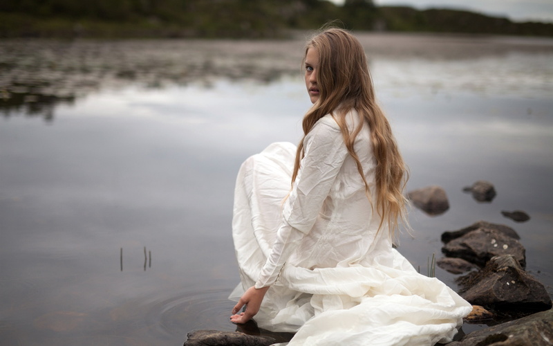 Dress, White, 2K, Look, Girl, Lakeside, Sit, Back
