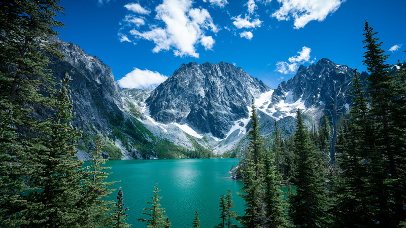 pine tree, scenics - nature, landscape, formation, summer, cold temperature, peak, day, colchuck lake, united states, non-urban scene, idyllic, lake, glacier