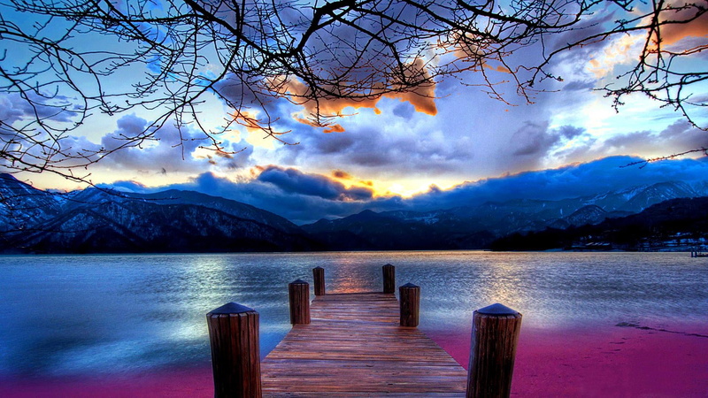 clouds, mountain, tranquil scene, no people, pier, beauty in nature, 1080P, tranquility, scenics - nature, wooden post, water, mountains, non-urban scene