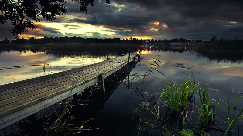 sunset, reflection, nature, cloudy, evening, lakeside, sky, wood - material, tree, plant, no people, non-urban scene, jetty, tranquility, nautical vessel