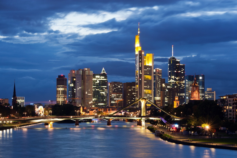 financial district, sky, building exterior, nature, tall - high, water, skyscraper, bridge, illuminated, Germany, building, Frankfurt, cloud - sky, river