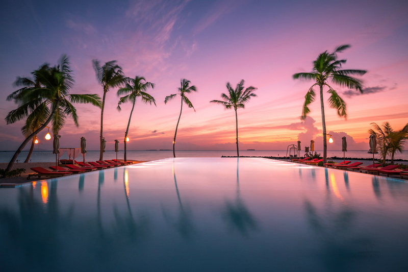 palm trees, the ocean, The Indian ocean, 1080P, sunset, Maldives, tropics, Indian Ocean, Malediwy, pool
