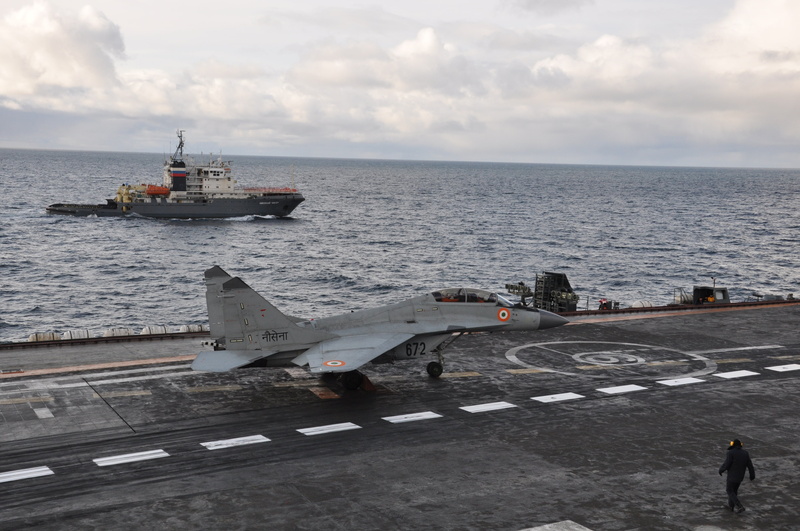 preparing for take-off, MiG-29 KUB, The Indian air force, clouds, MiG-29KUB, The carrier, the ocean, 4K, deck