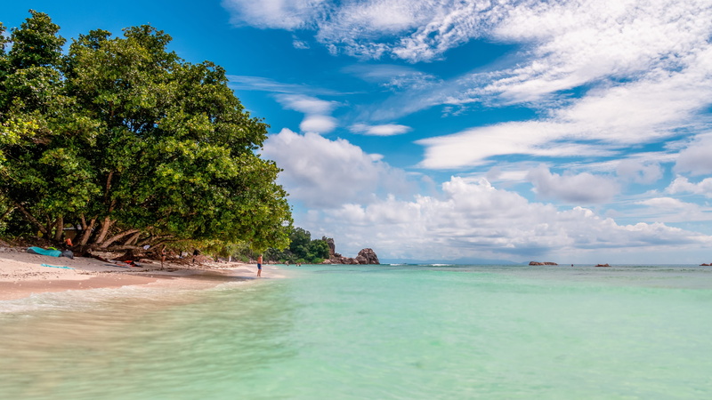 sand, idyllic, lagoon, holidays, paradise, non-urban scene, plant, land, seychelles, travel, sea, cloud - sky, tree, recreation, turquoise colored, blue