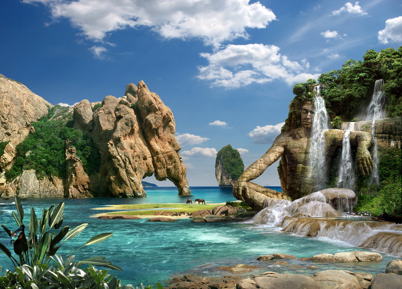 seascape, scenics, turquoise Colored, 4K, flowing water, stone - Object, flowing, rock - Object, scenics - nature, summer, seychelles, waterfalls, cloud - Sky