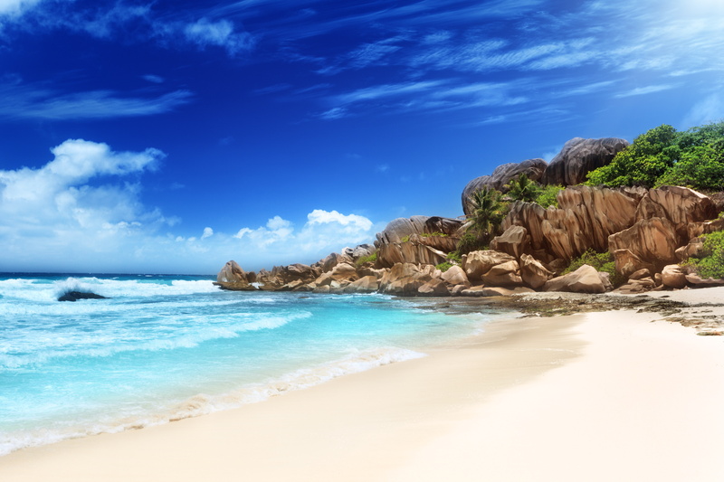 Earth, Beach, Seashore, 5K, Holiday, Sand, Seychelles, La Digue Island, Tropical, Seychelles Islands, Ocean, Sky, Tropics, Rock