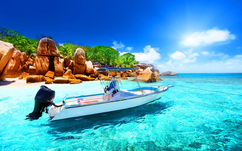 sea, white, speedboat, Seychelles, vacations, land, people, travel, trip, boat, nautical vessel, outdoors, nature, 2K, holiday, island, water, blue, beach