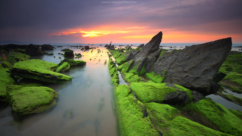 landscape, composition, sunset, sky, outdoors, long exposure, green, II, diagonal, rock, seascape, sea, sunrise, water, basque country, rock formation