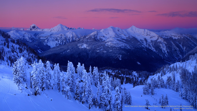 alpenglow, snoqualmie, washington, cascades, north, 2K, forest, Winter, mount, national, baker
