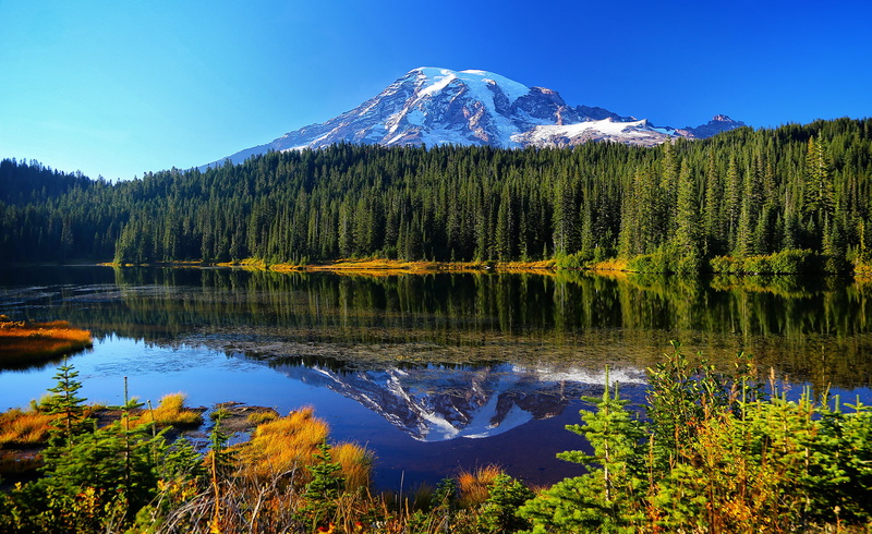 lake, Mount Rainier National Park, reflection, 1080P, mountains, forest, autumn, Reflection Lake, water, trees
