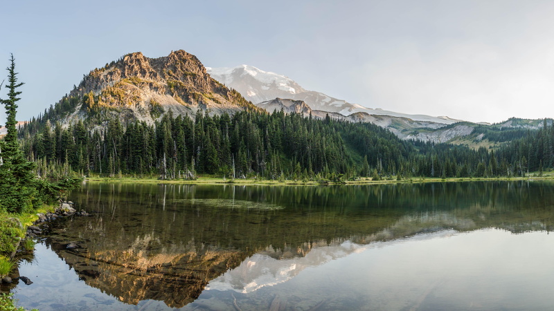 reflection, national park, mountain lake, 8K, mineral mountain, united states, mountain, washington, mineral lake, mount rainier national park, usa, lake