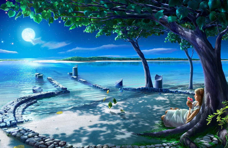 landscape, ruins, building, girl, the moon, flower, 1080P, water, lake, tree, art, leaves, kagaya, night