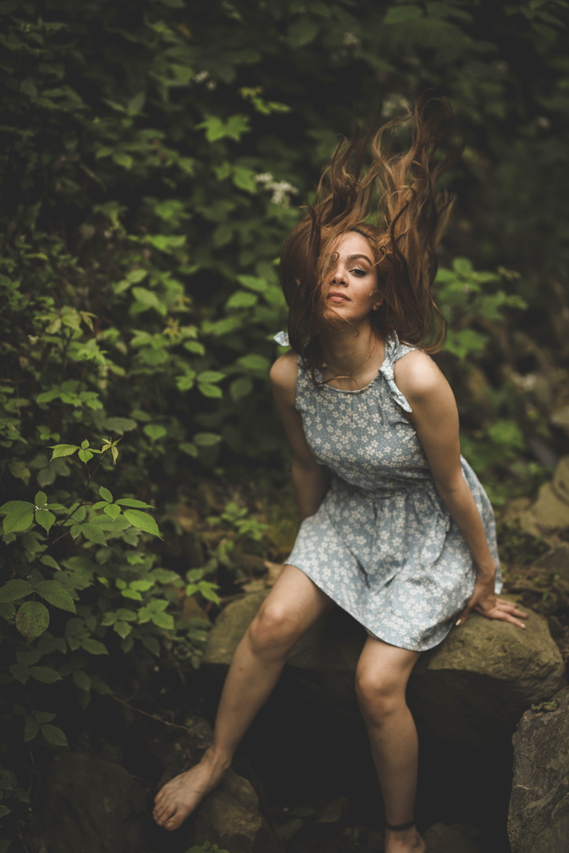 near, day, model, hair, stone, rock, one person, nature, blow, tree, outdoors, hairstyle, full length, casual clothing, dream, style, beautiful woman, young women