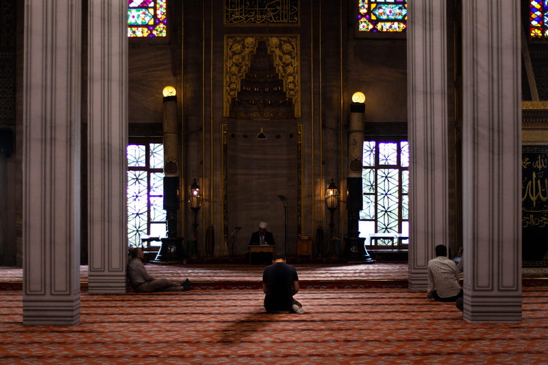 aisle, real people, turkey, religion, peace, pillar, istanbul, window, rear view, inside, mosque, pray, men, three, building, sitting, illuminated, faith