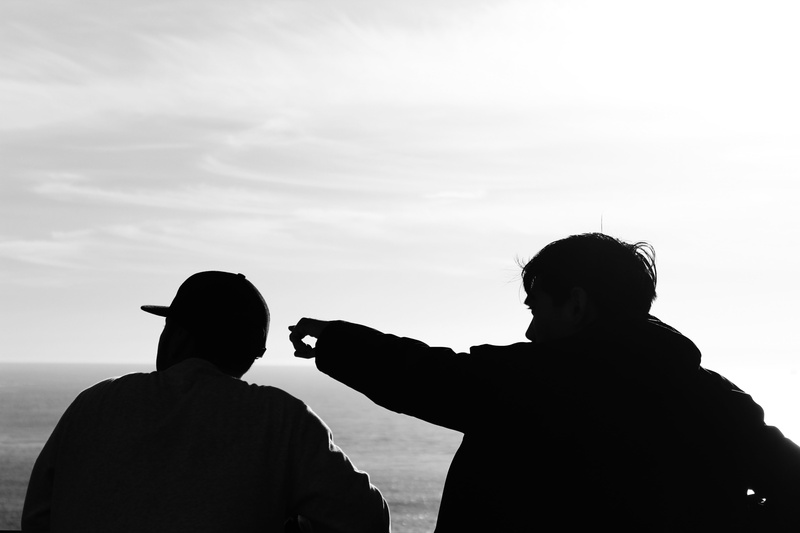 nature, togetherness, water, day, black and white, ocean, two, friends, guys, two people, facing, guy, leisure activity, pointing, standing, real people