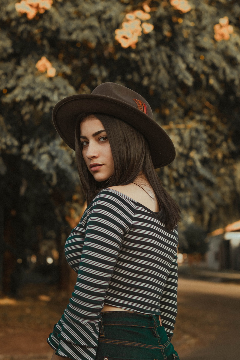 model, cute, portrait, striped, 4K, focus on foreground, street, casual clothing, green, fashion, looking at camera, young adult, look, nature, shirt