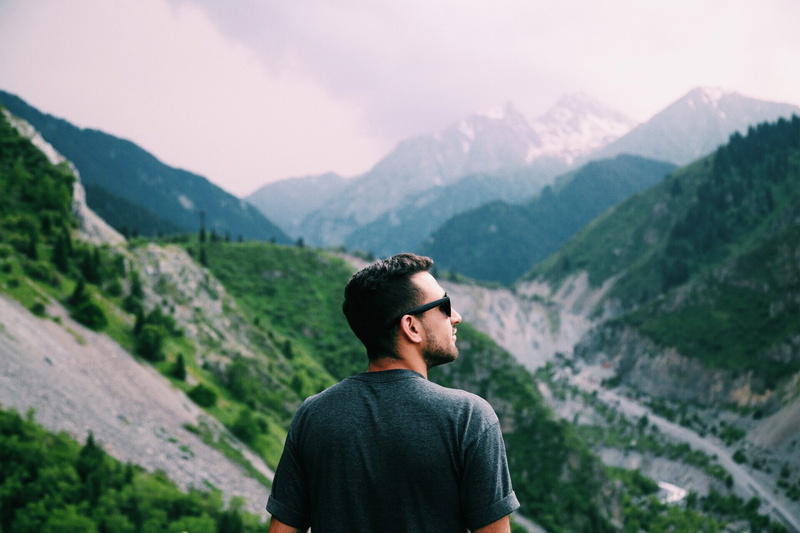 road, man, gray, adult, scenics - nature, only men, t, summer, shirt, mountain, lifestyles, black, caucasian, landscape, wearing, males, leisure activity
