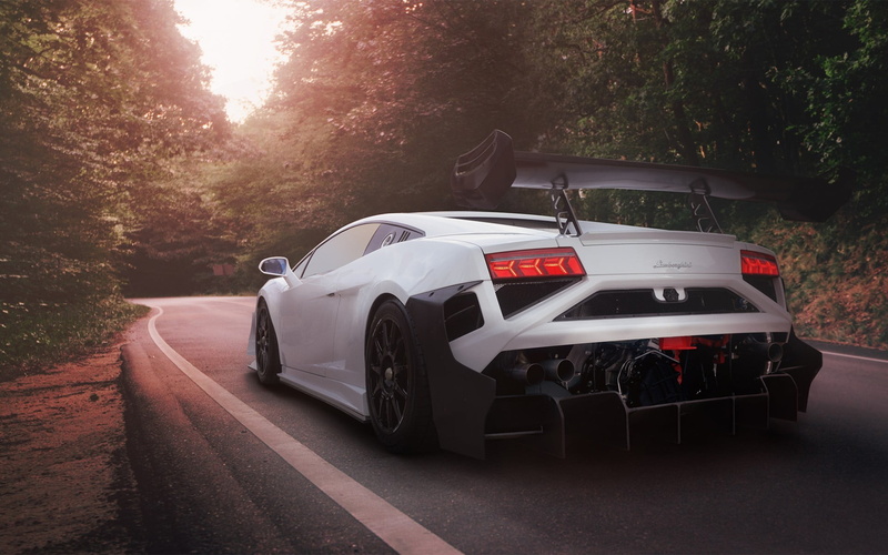 sport, day, car, stationary, going, no people, rear view, red, vehicle, luxury, event, land vehicle, motor vehicle, Gallardo, nature, road, tuning, tree