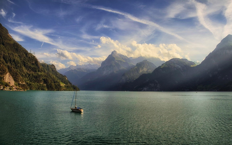 river, vast, cloud, 1920x1200, boat, nature, brown, 1080P, mountain