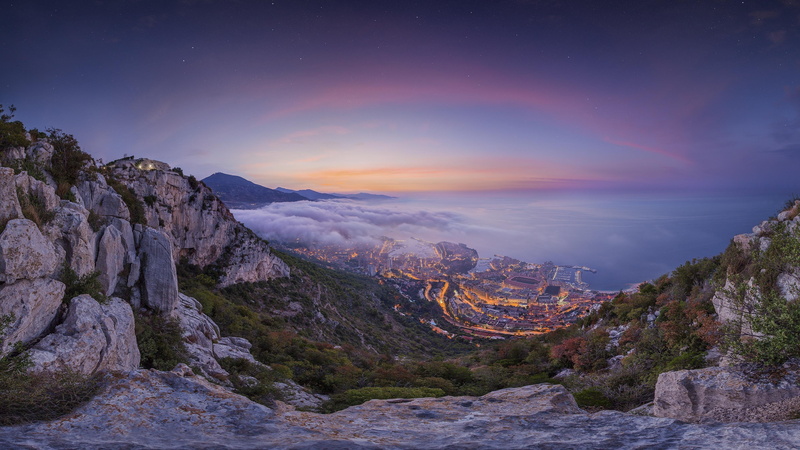 panorama, sunrise, monte carlo, night sky, mountain, vista, bay, view, 4K, rock, sky, monaco, night