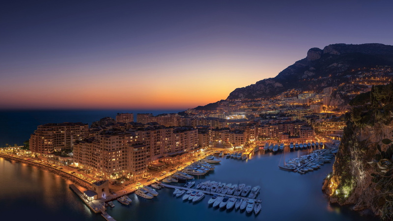 building exterior, scenics - nature, sea, horizon, coast, city, monte carlo, bay, water, nature, europe, 4K, dusk, reflection, night, harbour, outdoors
