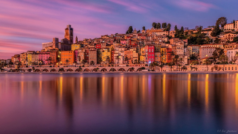 Mediterranean Sea, France, Menton, home, The Mediterranean sea, French Riviera, sunset, building, sea, bridge, 1080P, Cote Dazur, The French Riviera
