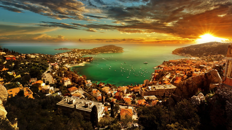 evening, sky, sea, horizon, dusk, cityscape, cloud, strand, rock, cote d azur, landscape, city, tourism, french riviera, villefranche-sur-mer, france, 4K