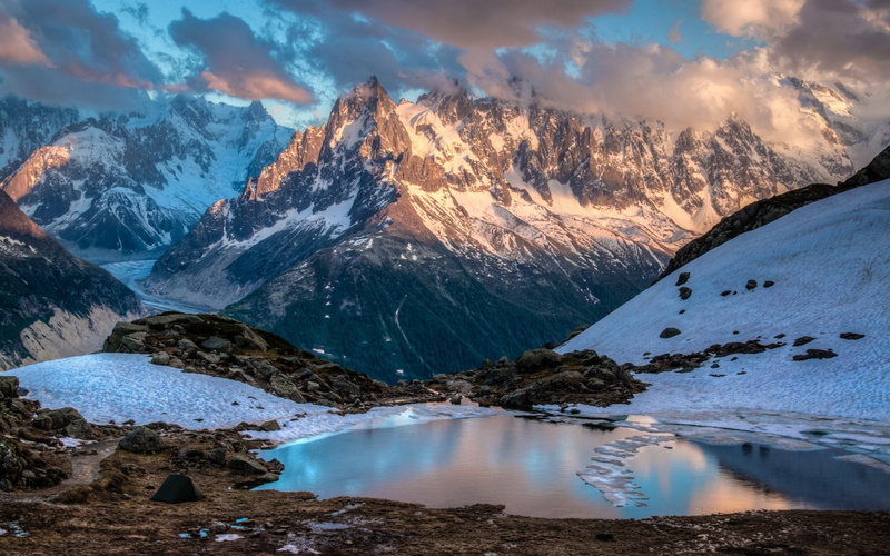Chamonix, clouds, pond, France, mountains, 1080P, nature, landscape, snow