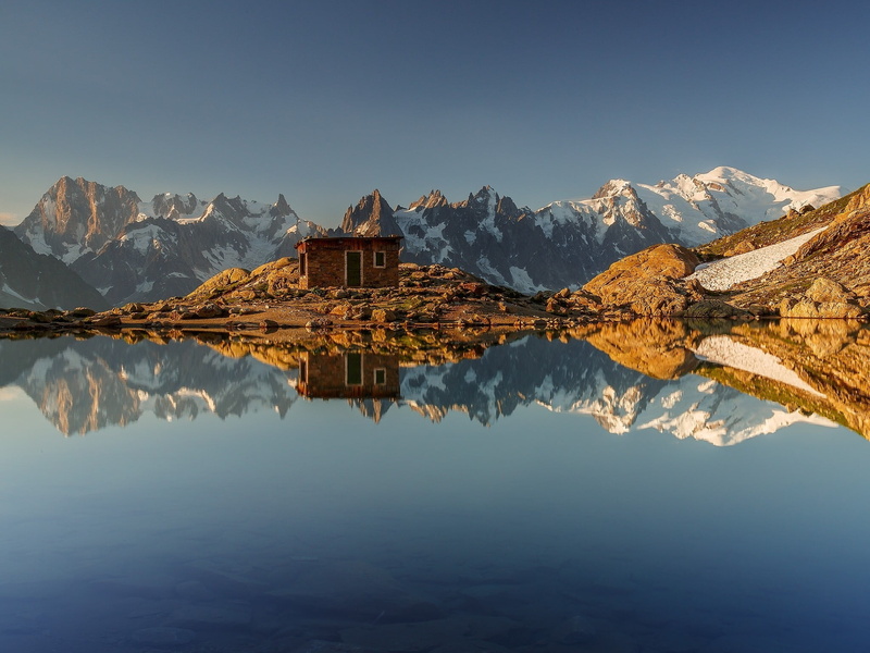 lake chamonix, water, winter, idyllic, symmetry, mountain range, tranquility, cold temperature, nature, building, built structure, architecture, 1080P
