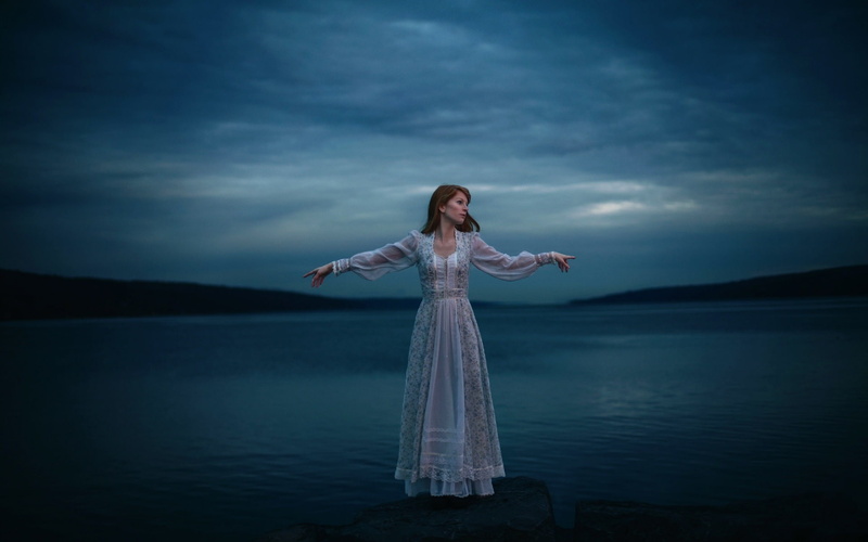 sleeve, 1080P, Night, Lake, long, gray, White, Girl, Lonely, women, s, Dress