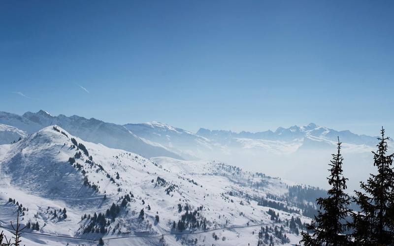blanc, mountains, mont, 3d and abstract, pine, nature, winter, snow, blue, trees, 2K
