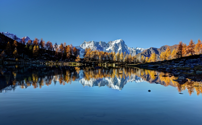 idyllic, Mountain, Forest, plant, Beautiful, Alps, clear sky, Fall, blue, Europe, water, Valley, beauty in nature, tree, Aosta, Wood, 5K, day, reflection lake