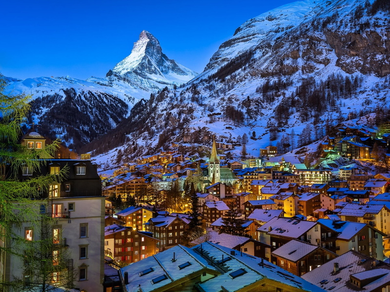 ice, night, tree, mountain range, cityscape, Swiss Alps, snow, scenics - nature, Alps, famous Place, europe, brown, 1080P, panoramic, cold temperature
