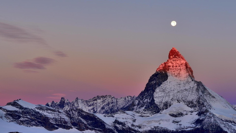 no people, 1080P, moon, matterhorn, gornergrat, europe, freezing, snowcapped mountain, mountain range, environment, mountain peak, nature, dusk, zermatt