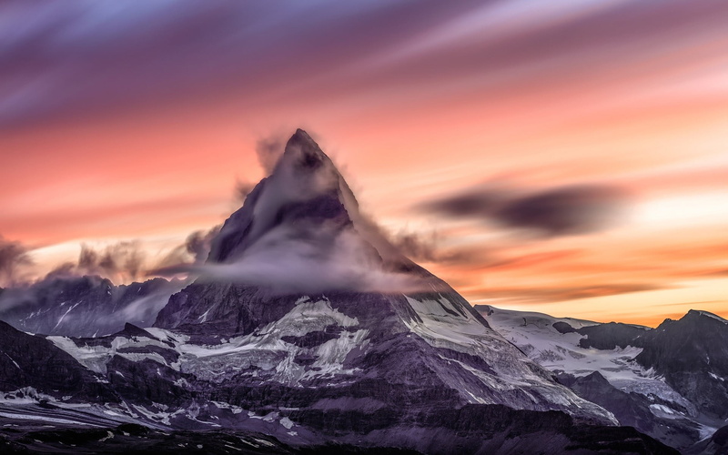 cold temperature, majestic, mountain peak, sunset, power in nature, Matterhorn, 1080P, cloud - sky, scenics - nature, mountain, winter, long exposure