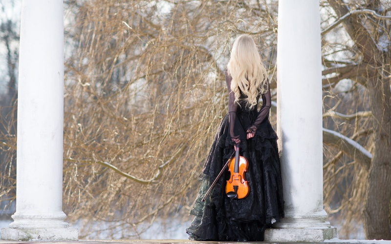 women, black, hair, forest, model, cold temperature, violin, lifestyles, day, clothing, scarf, tree trunk, tree, standing, blonde, one person, architectural column