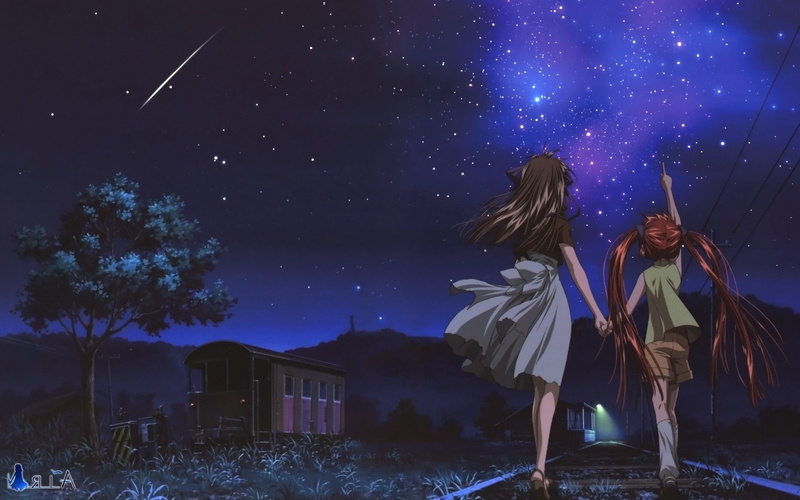 night, lifestyles, land, real people, tree, field, anime night stars shooting stars air anime, astronomy, star - space, standing, cold temperature, architecture