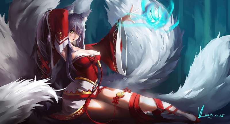 League of Legends, anime, Ahri, 2K, kitsunemimi