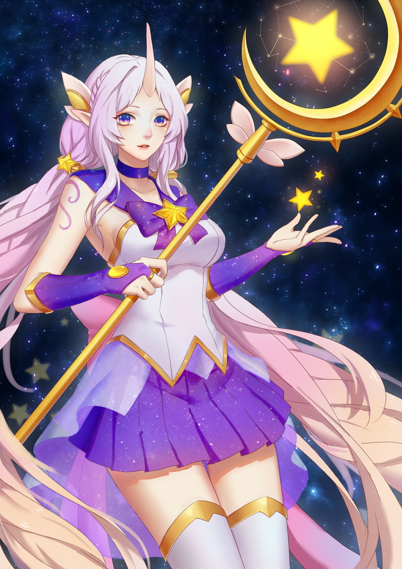 space, clothing, one person, human representation, tree, arts culture and entertainment, night, Soraka (League of Legends), digital composite, star - space